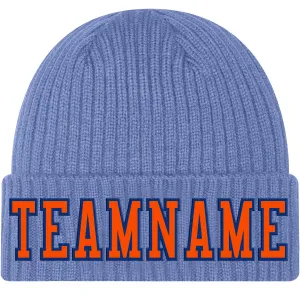 Custom Light Blue Orange-Royal Stitched Cuffed Knit Hat