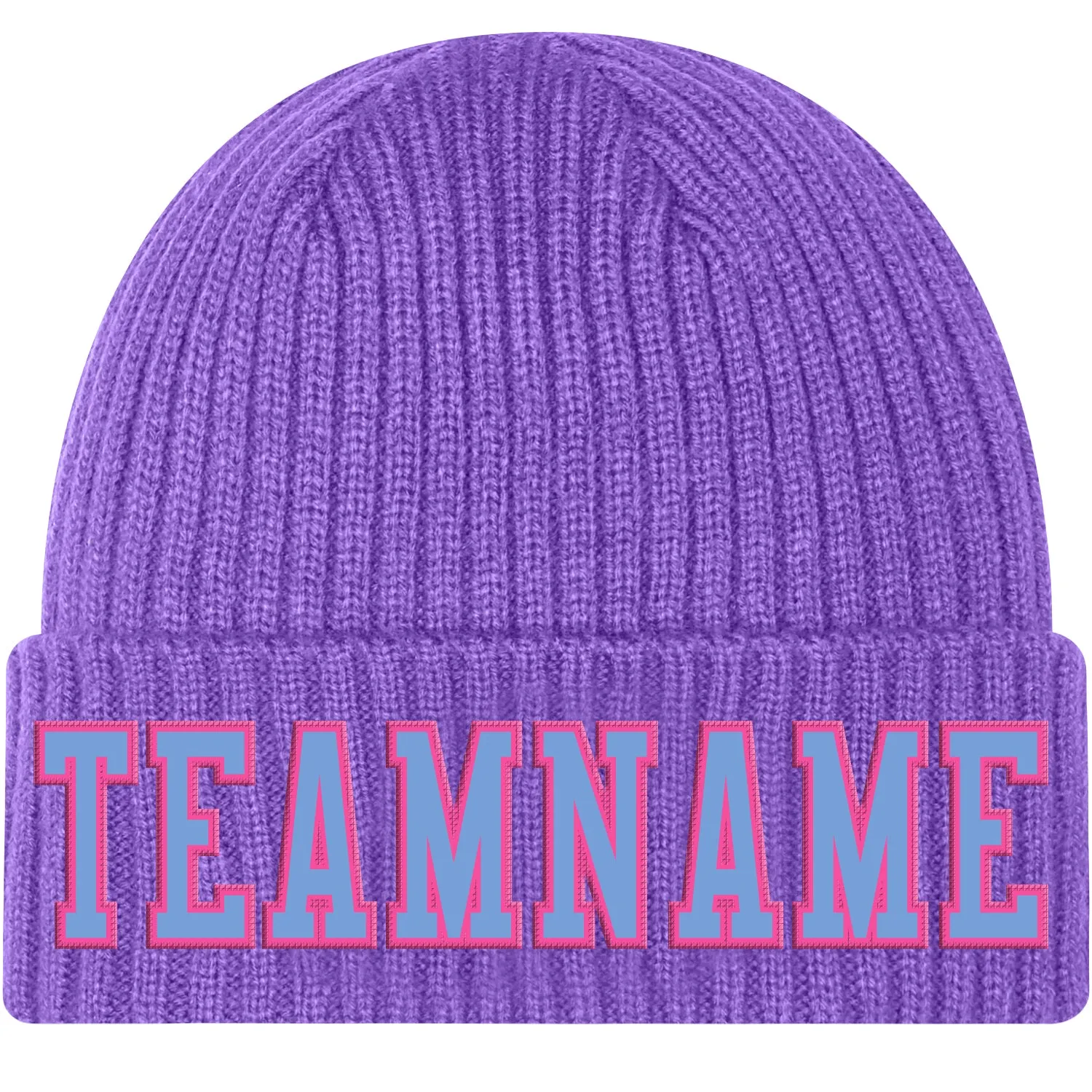 Custom Purple Light Blue-Pink Stitched Cuffed Knit Hat