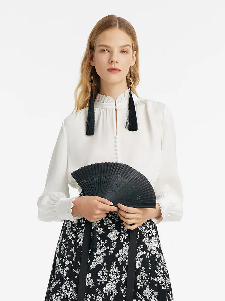 Diacetate Ruffle Mandarin Collar Women Blouse