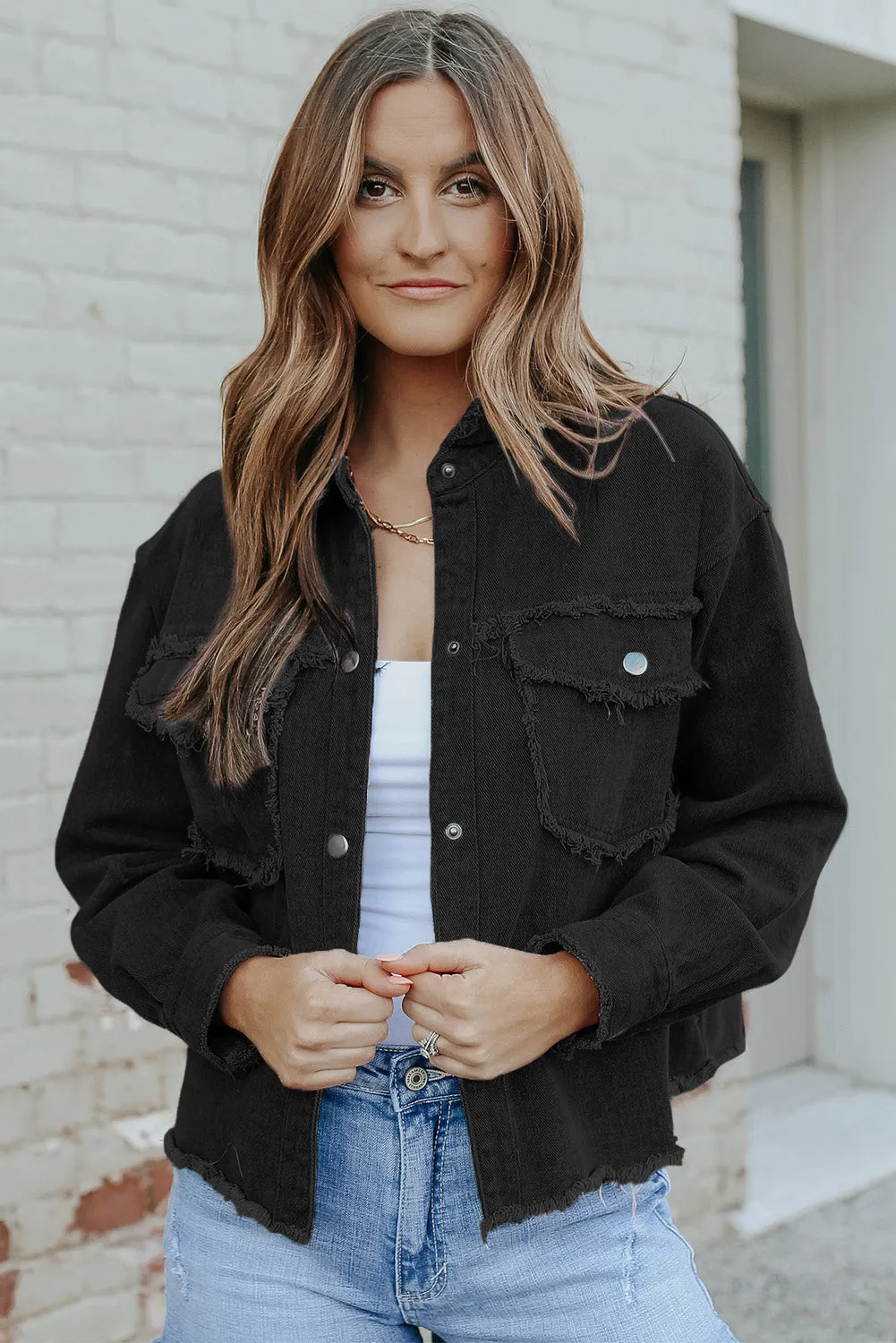 Distressed Flap Pockets Frayed Hemline Denim Jacket