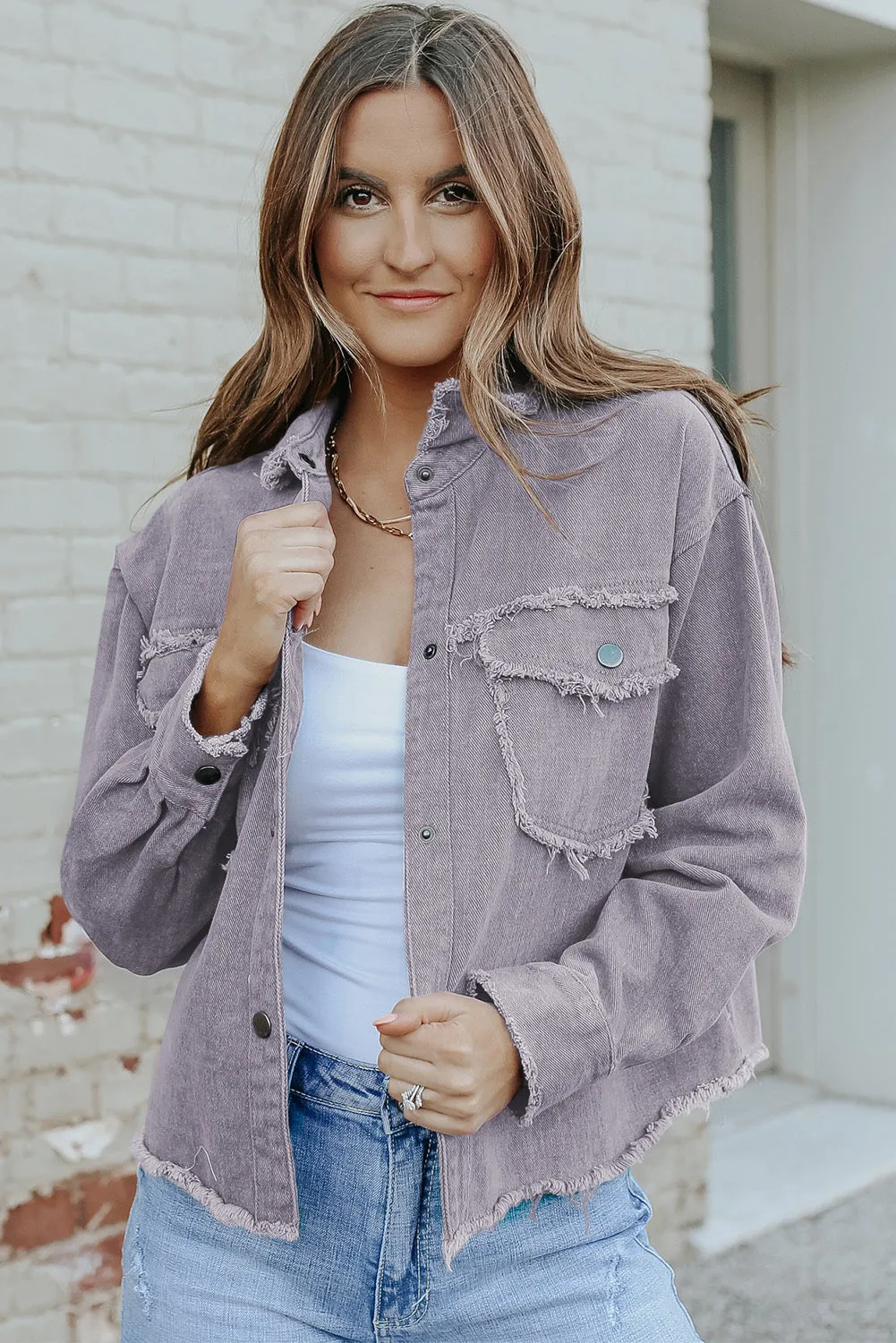 Distressed Flap Pockets Frayed Hemline Denim Jacket