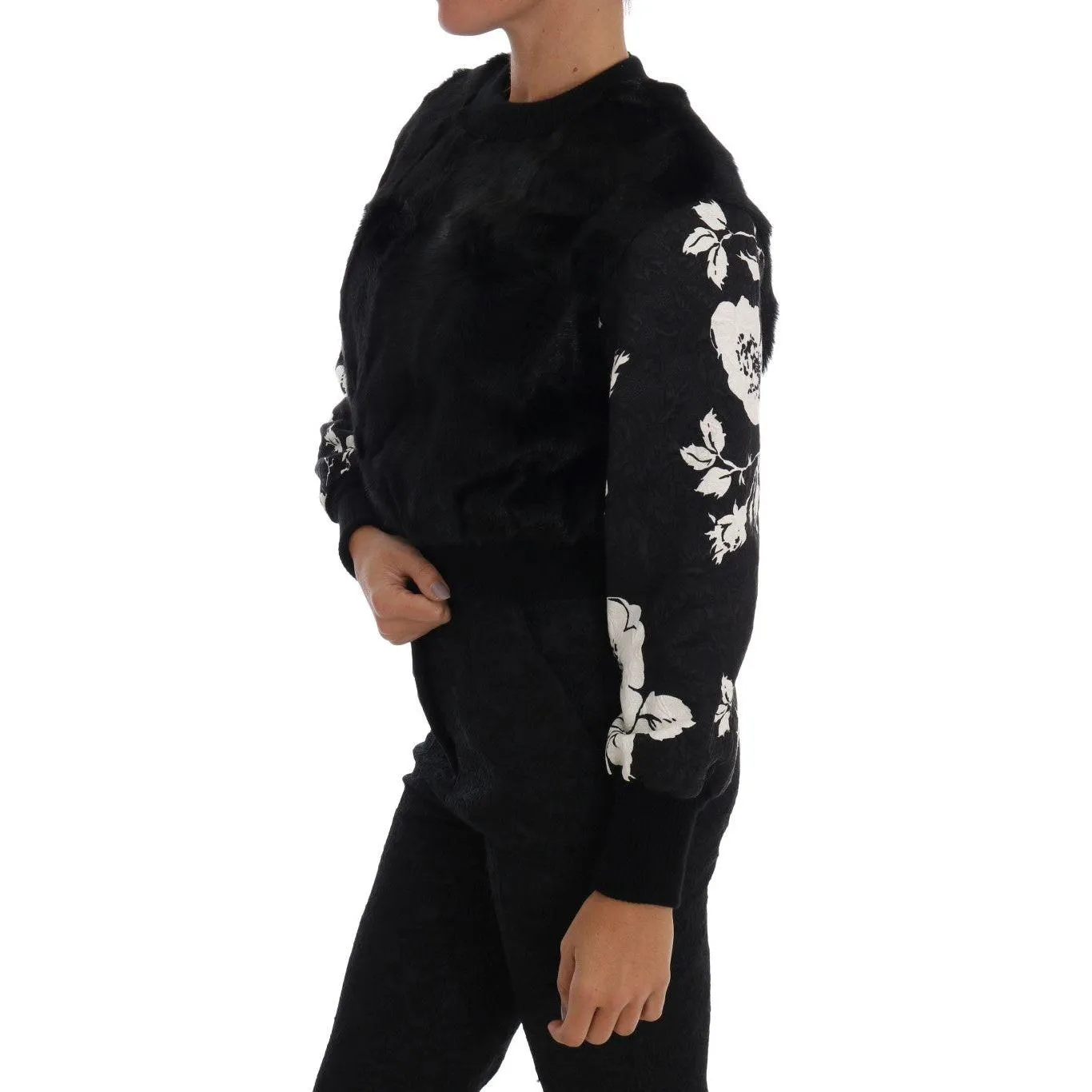 Dolce & Gabbana Floral Brocade Black Fur Sweater