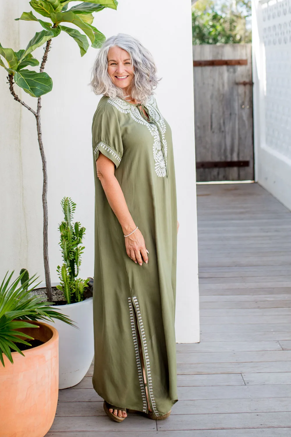 Embroidered Green Kaftan Maxi Dress