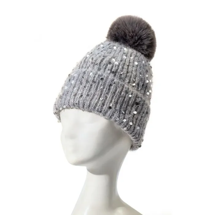 Faux Fur Pop Pom Hat With Sequins - Silver