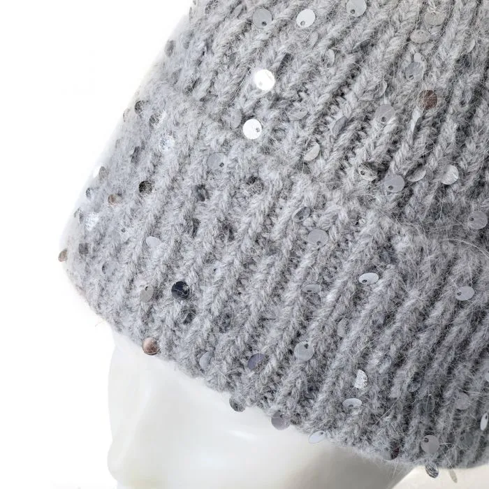 Faux Fur Pop Pom Hat With Sequins - Silver