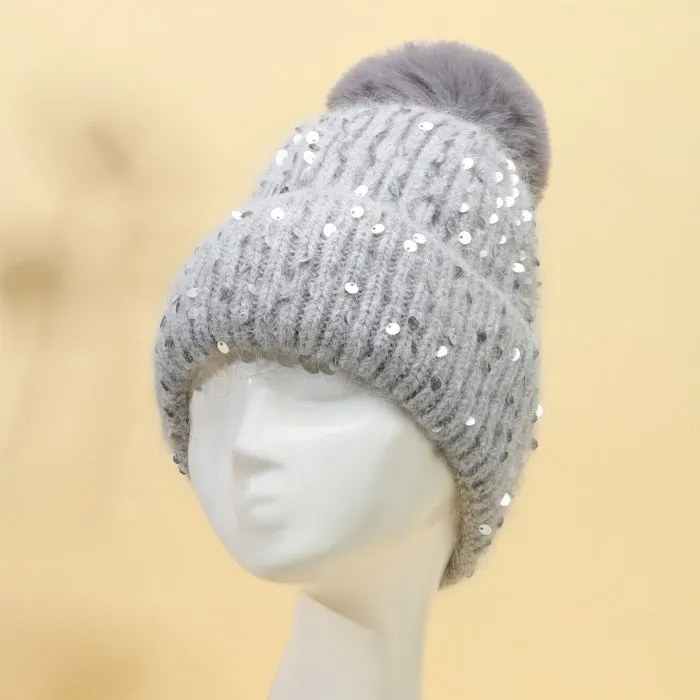 Faux Fur Pop Pom Hat With Sequins - Silver