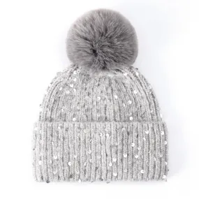 Faux Fur Pop Pom Hat With Sequins - Silver