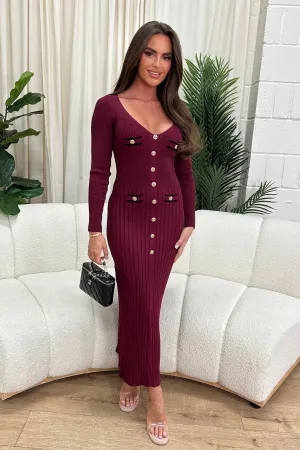 Finely burgundy Button Long Sleeve Dress