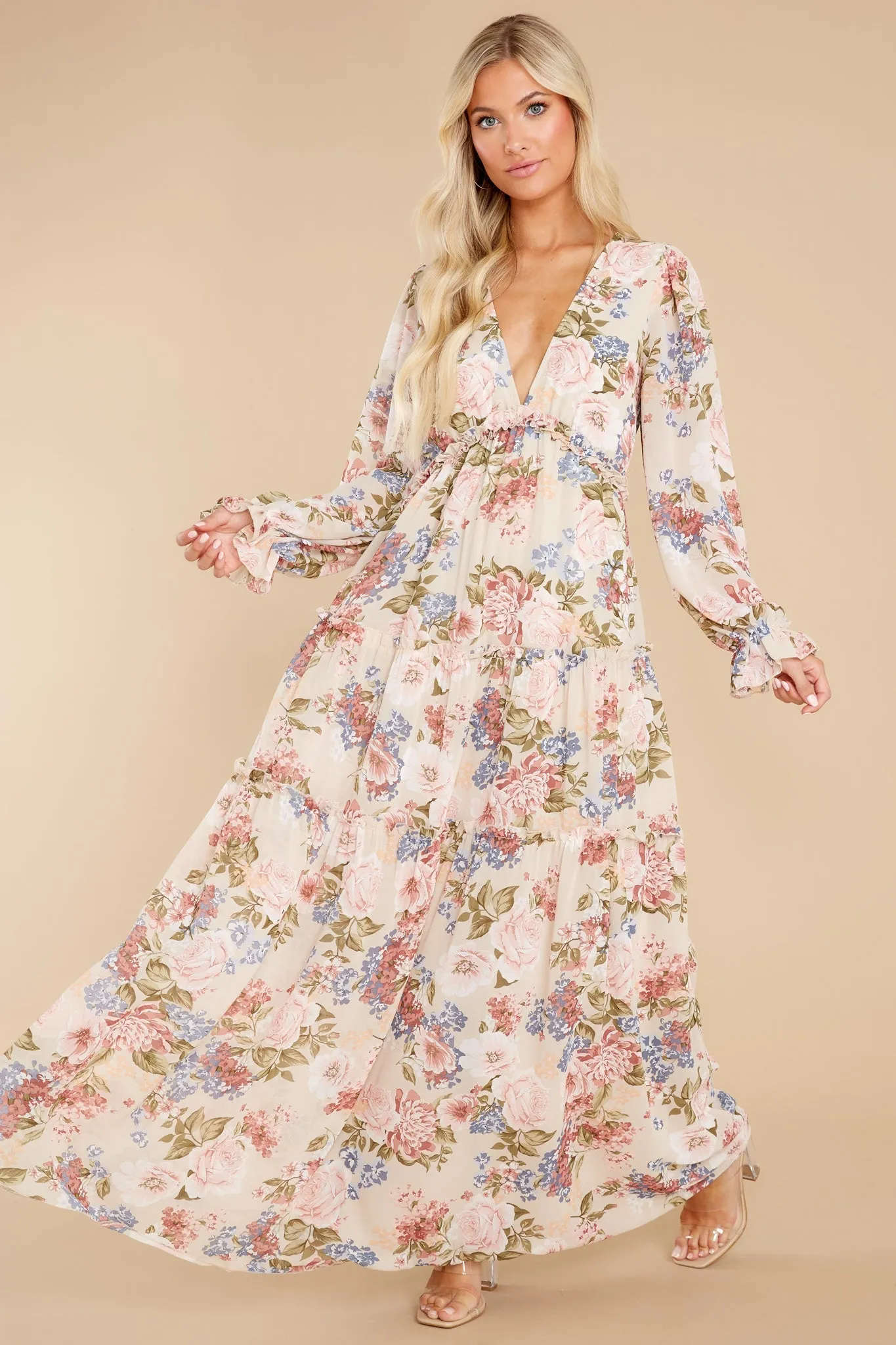 Flourishing Beauty Beige Floral Print Dress