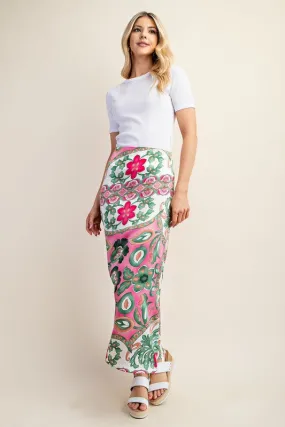 Fuchsia Colorful Printed Satin Midi Skirt