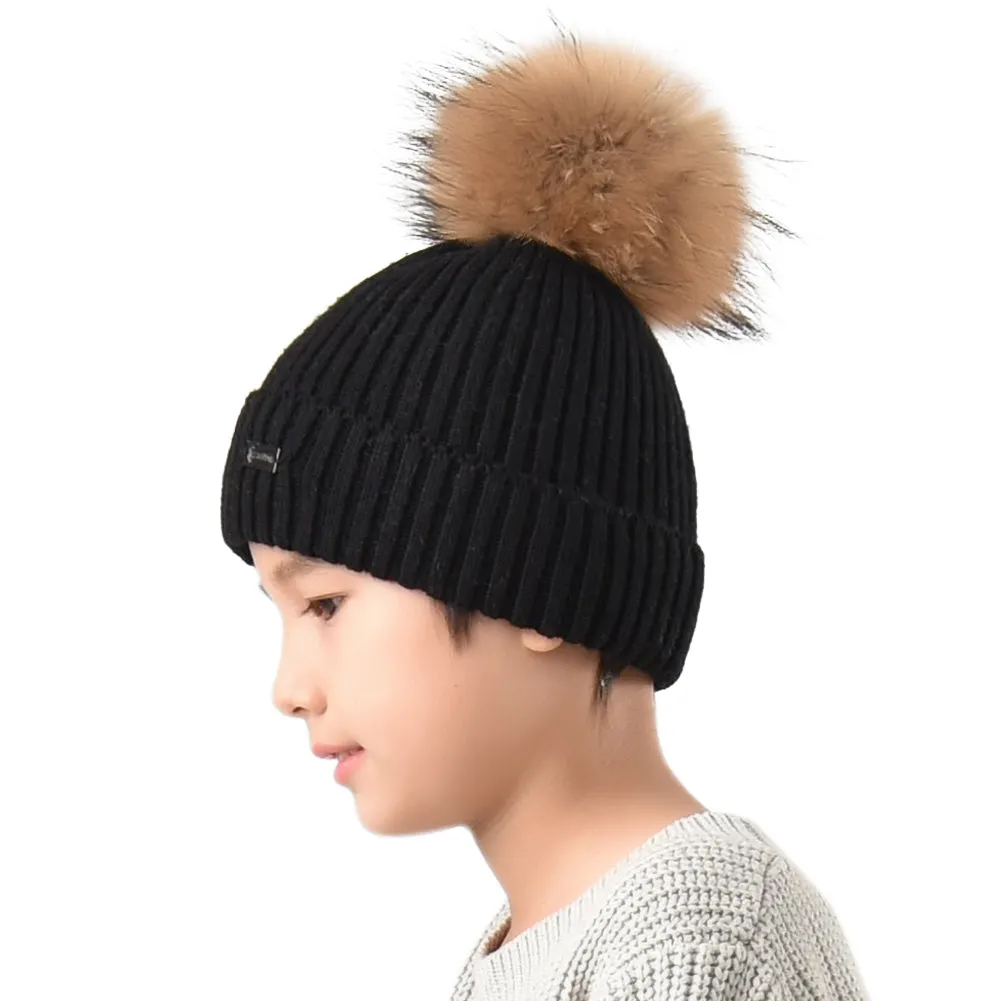 FURTALK Kids Winter Real Fur Fur Pom Pom Hat  Drop Shipping A051