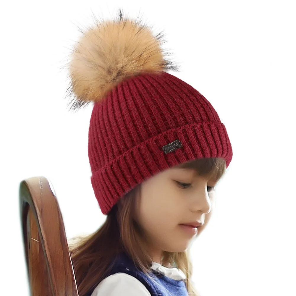 FURTALK Kids Winter Real Fur Fur Pom Pom Hat  Drop Shipping A051