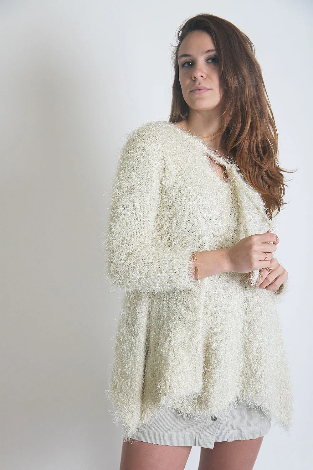 Fuzzy Vanilla Sweater with Handkerchief Hem