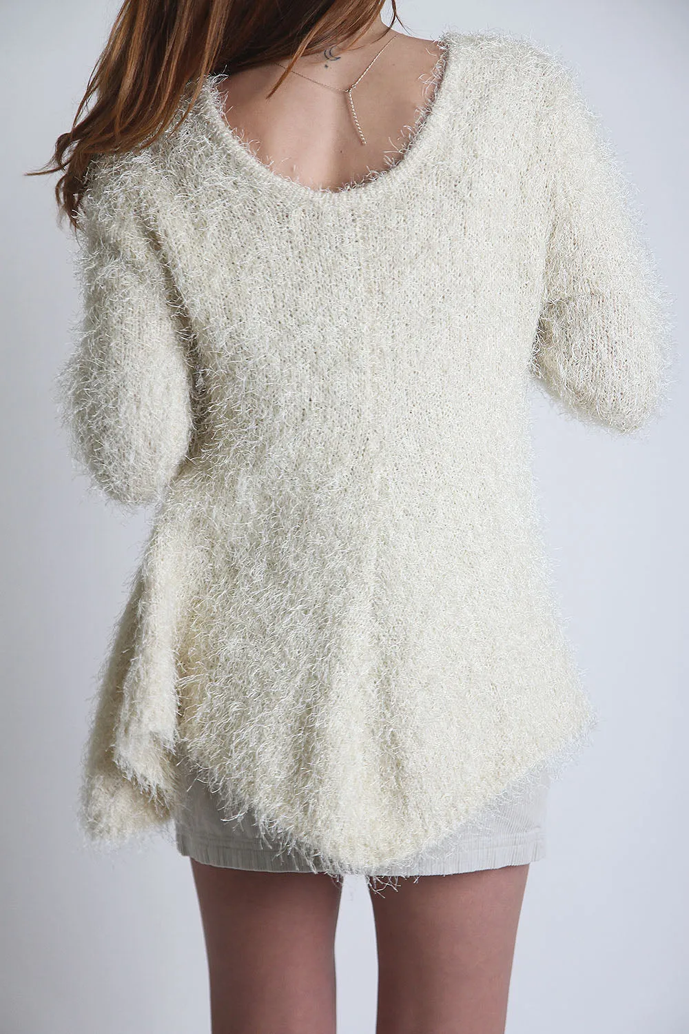 Fuzzy Vanilla Sweater with Handkerchief Hem