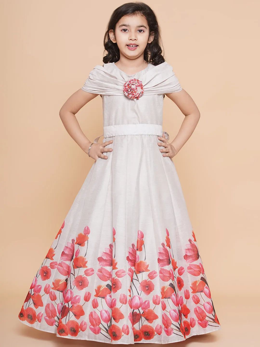 Girl's Off White Flower Digital Printed Fit & Flared Maxi Dress. - Bitiya By Bhama