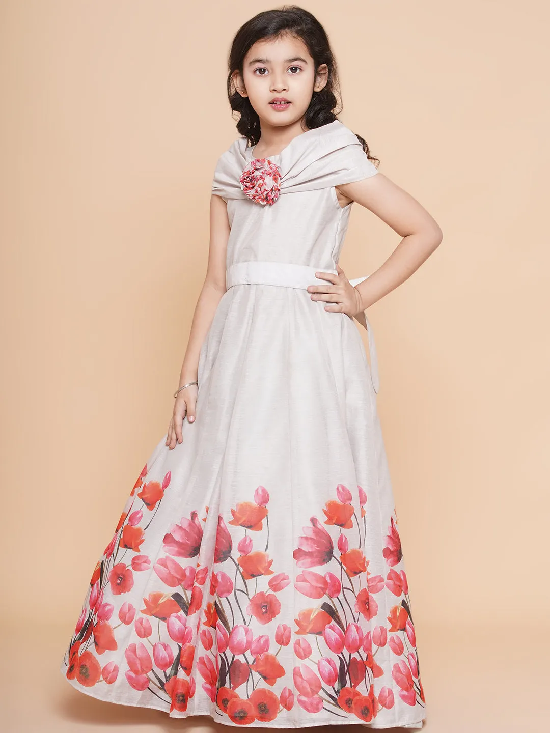 Girl's Off White Flower Digital Printed Fit & Flared Maxi Dress. - Bitiya By Bhama