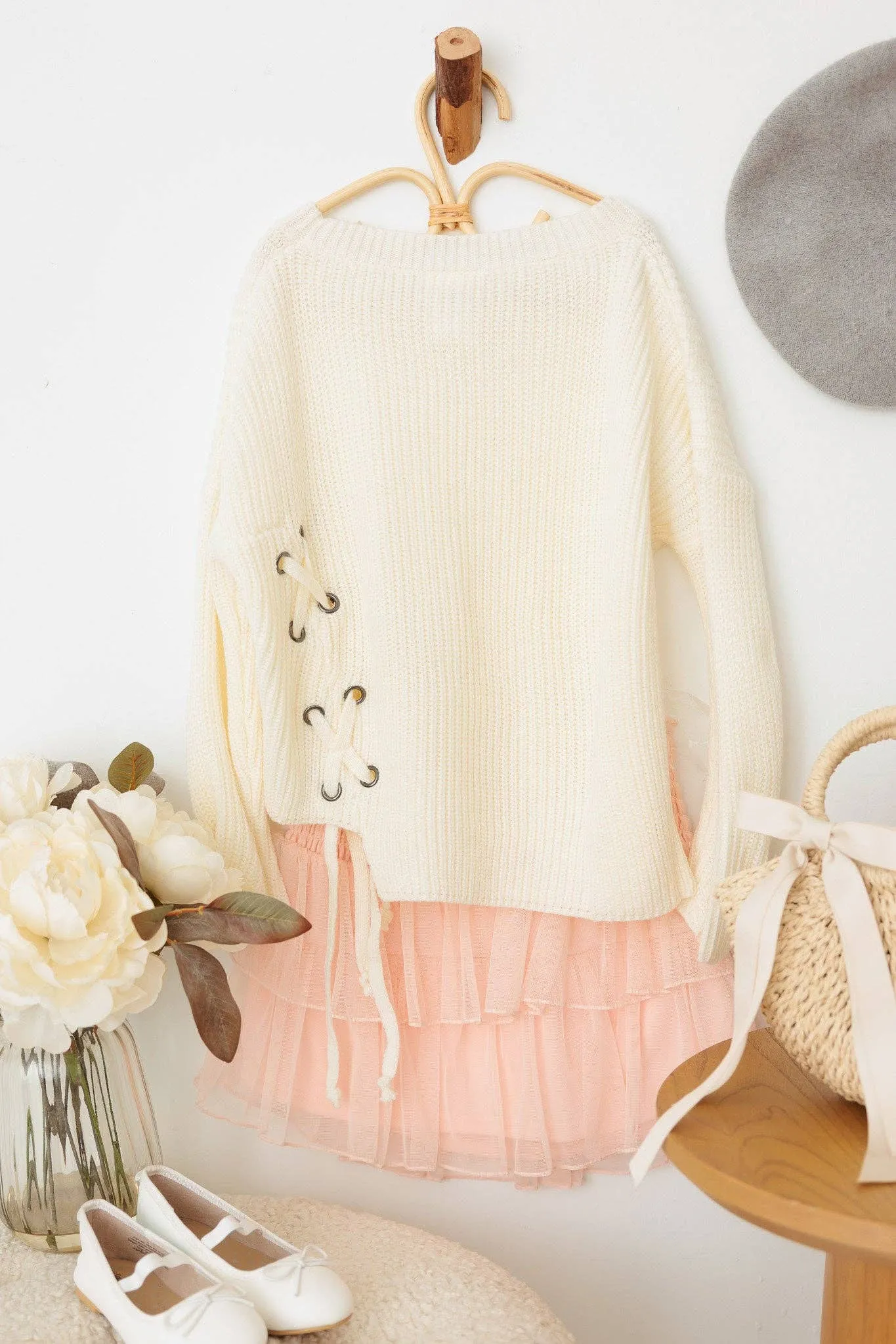 Girls Tie Up Oversize Sweater