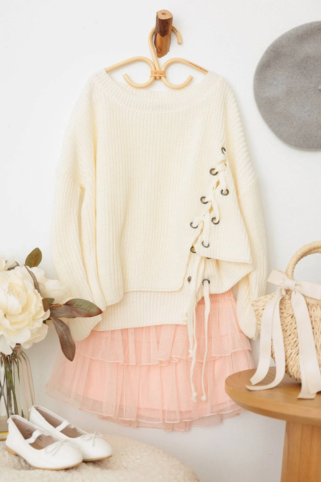 Girls Tie Up Oversize Sweater