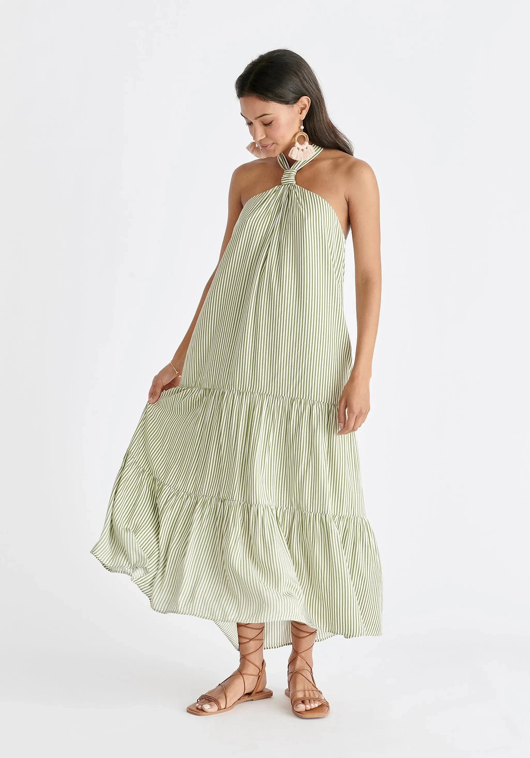 Green and White Tiered Halterneck Maxi Dress