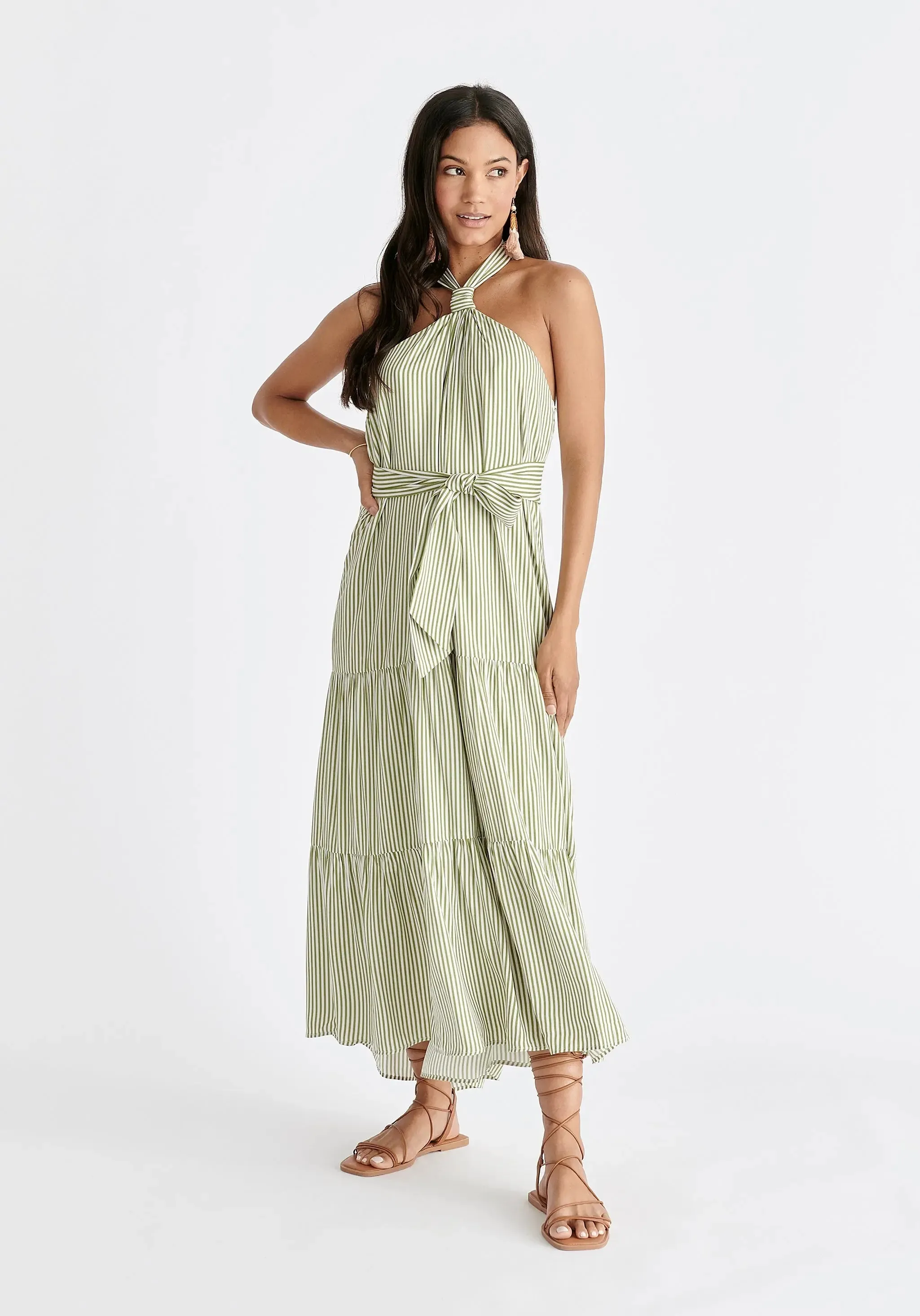 Green and White Tiered Halterneck Maxi Dress