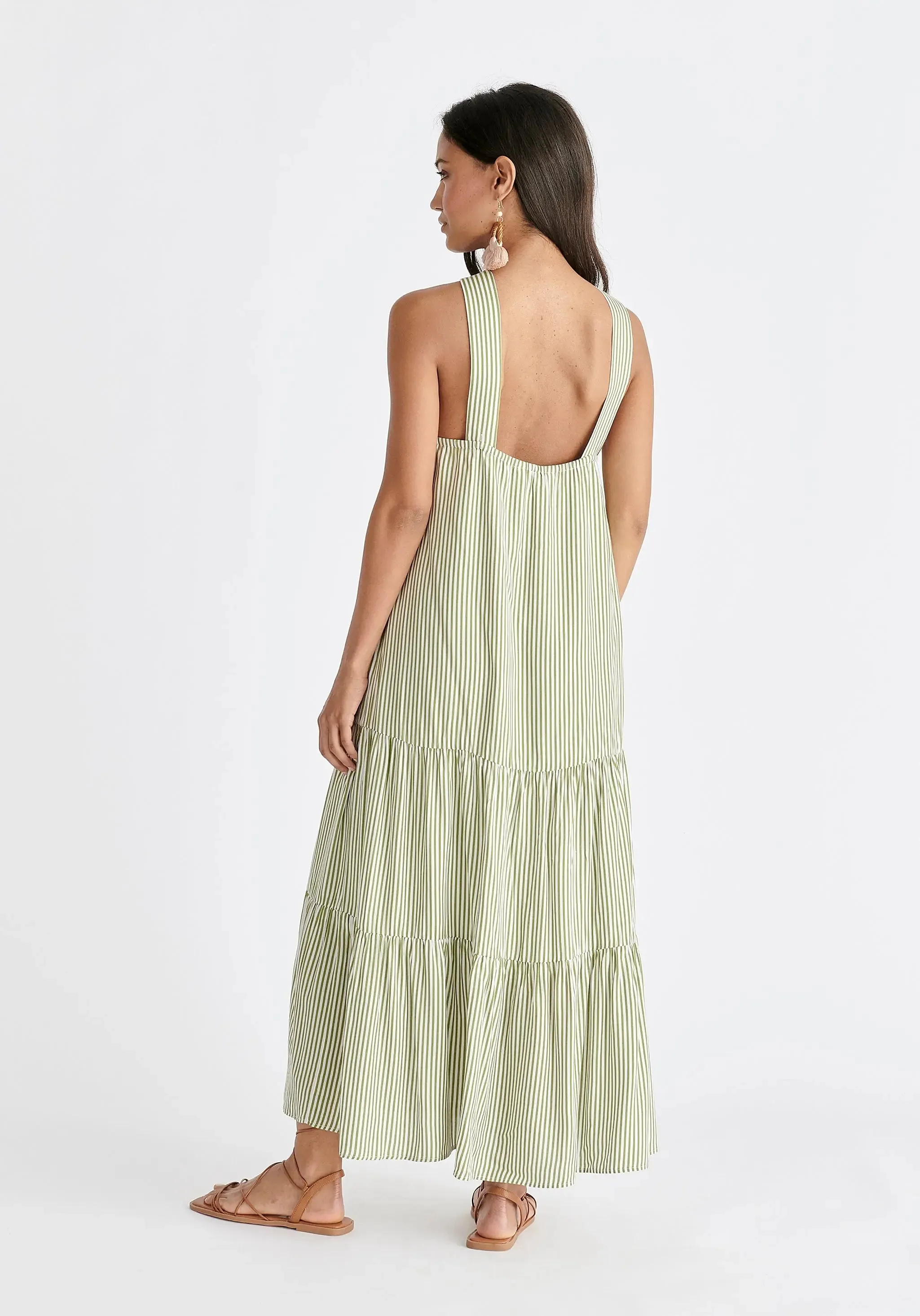 Green and White Tiered Halterneck Maxi Dress