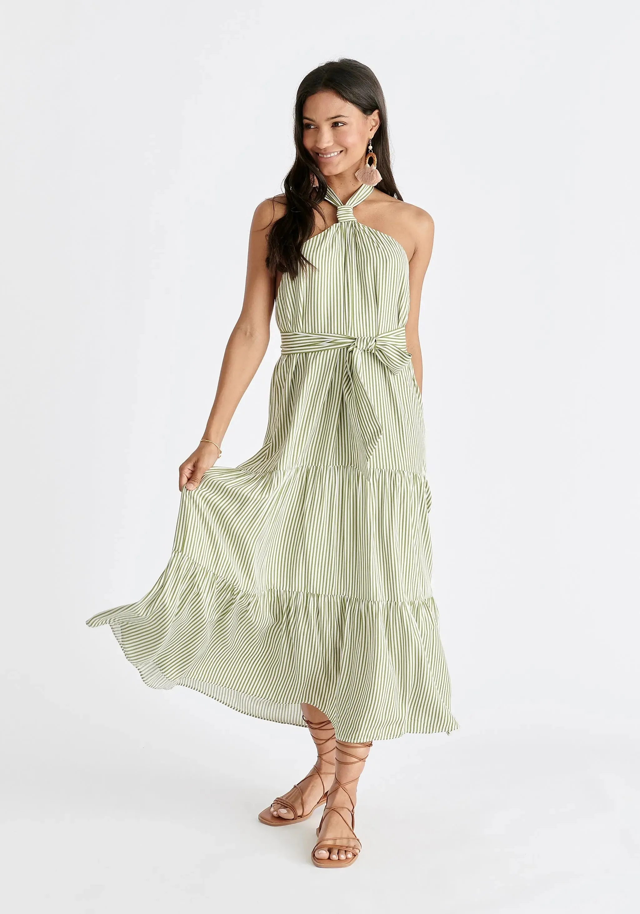 Green and White Tiered Halterneck Maxi Dress