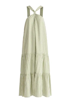 Green and White Tiered Halterneck Maxi Dress