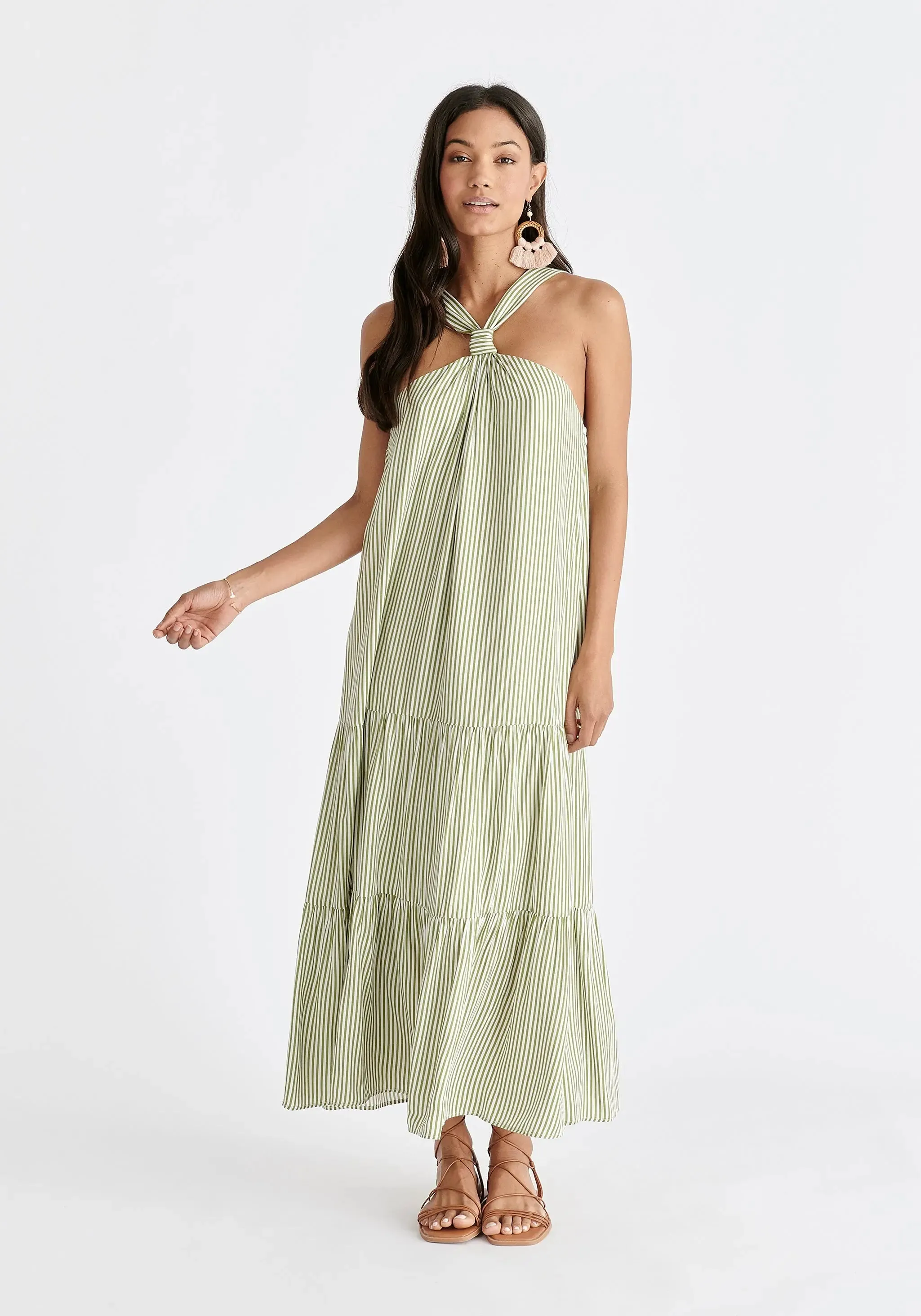 Green and White Tiered Halterneck Maxi Dress