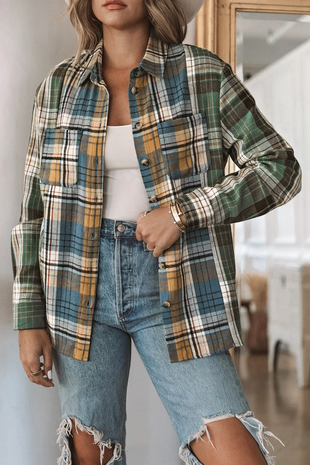 Green Chest Pockets Button Up Plaid Shacket