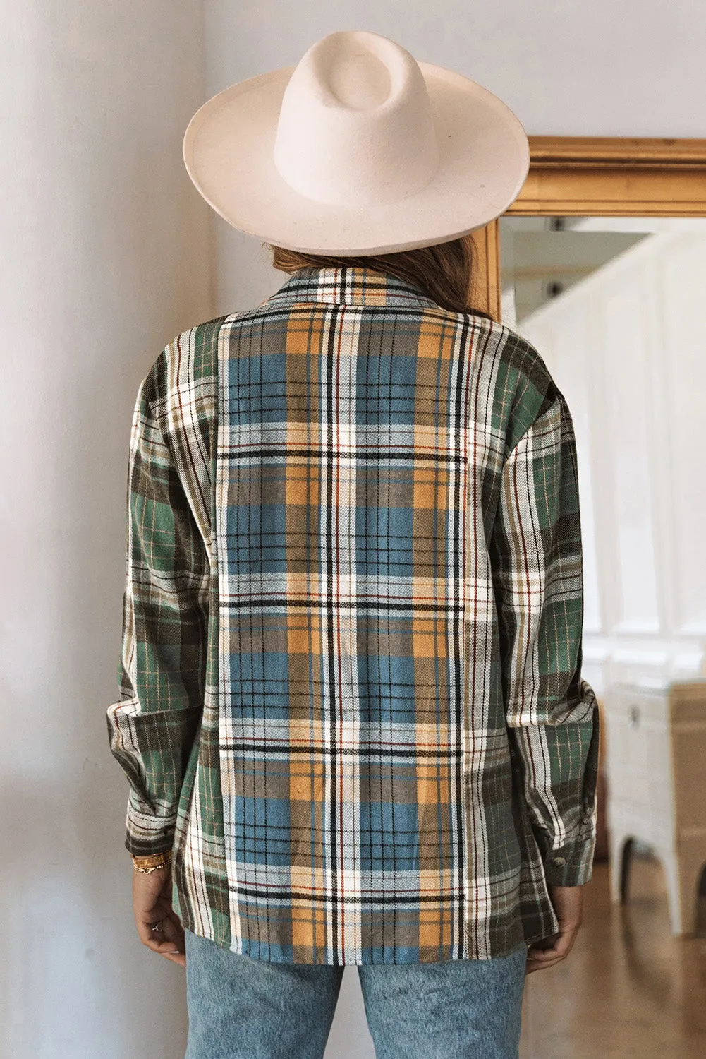 Green Chest Pockets Button Up Plaid Shacket