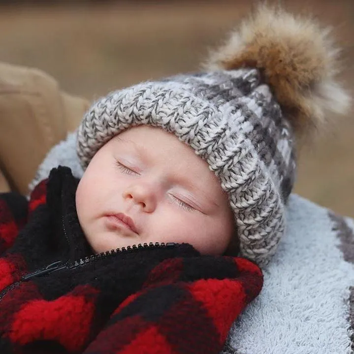 Grey Buffalo Check Pom Pom Beanie Hat