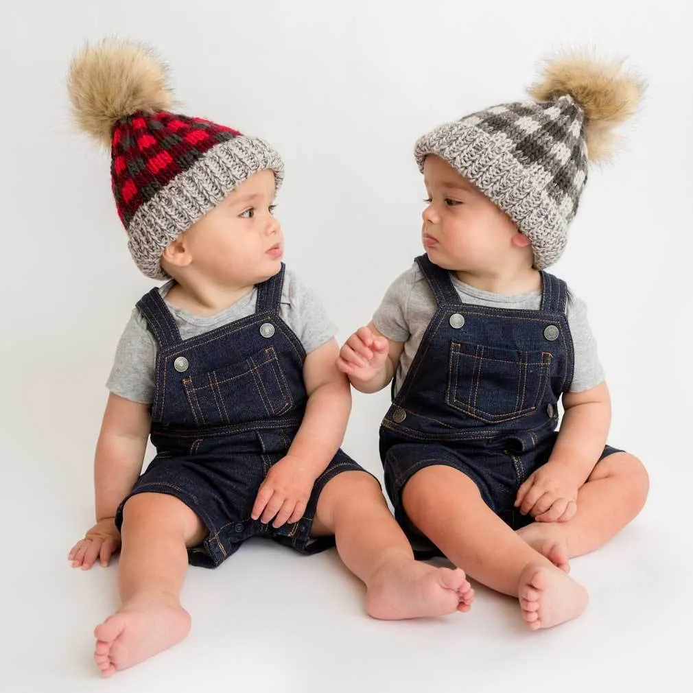 Grey Buffalo Check Pom Pom Beanie Hat