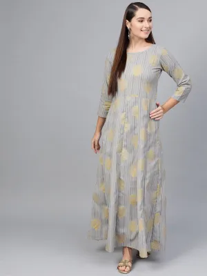 Grey Striped Gold Printed Maxi Dress With Round Neck & 3/4 Sleeves