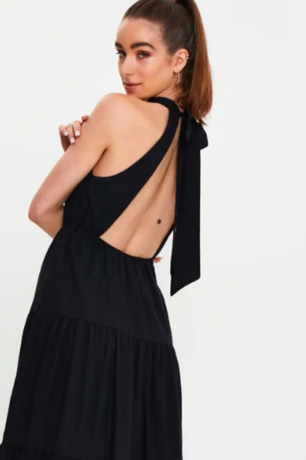 Halter Neck Backless Ruffle Dress