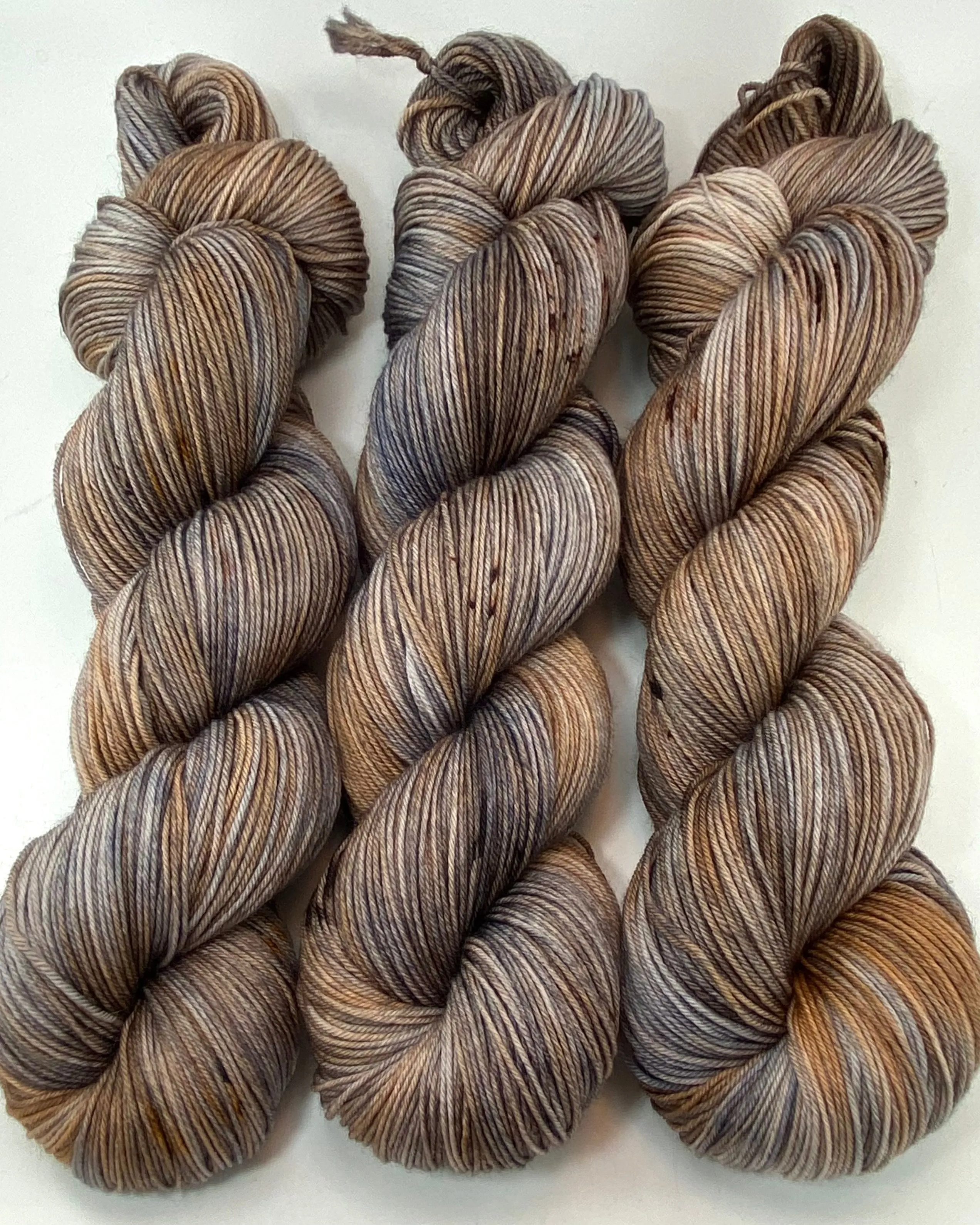 Hand Dyed Yarn "Whippoorwill" Grey Brown Copper Silver Tan Caramel Beige Black Speckled Merino Worsted Superwash 218yds 100g