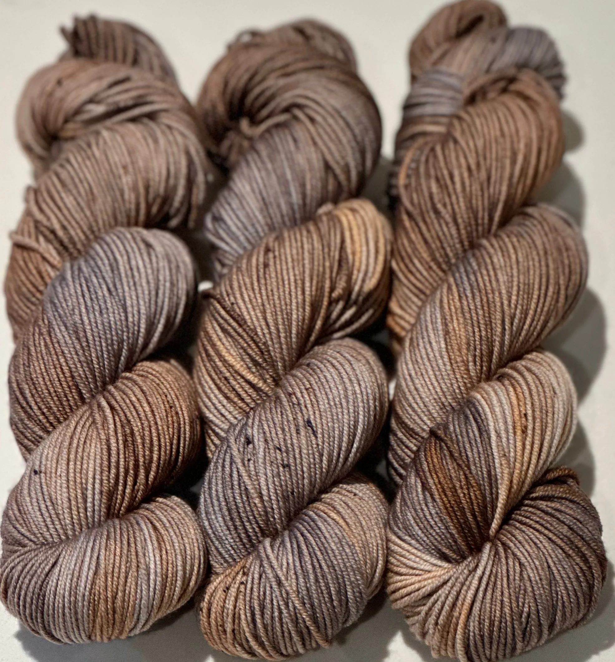 Hand Dyed Yarn "Whippoorwill" Grey Brown Copper Silver Tan Caramel Beige Black Speckled Merino Worsted Superwash 218yds 100g