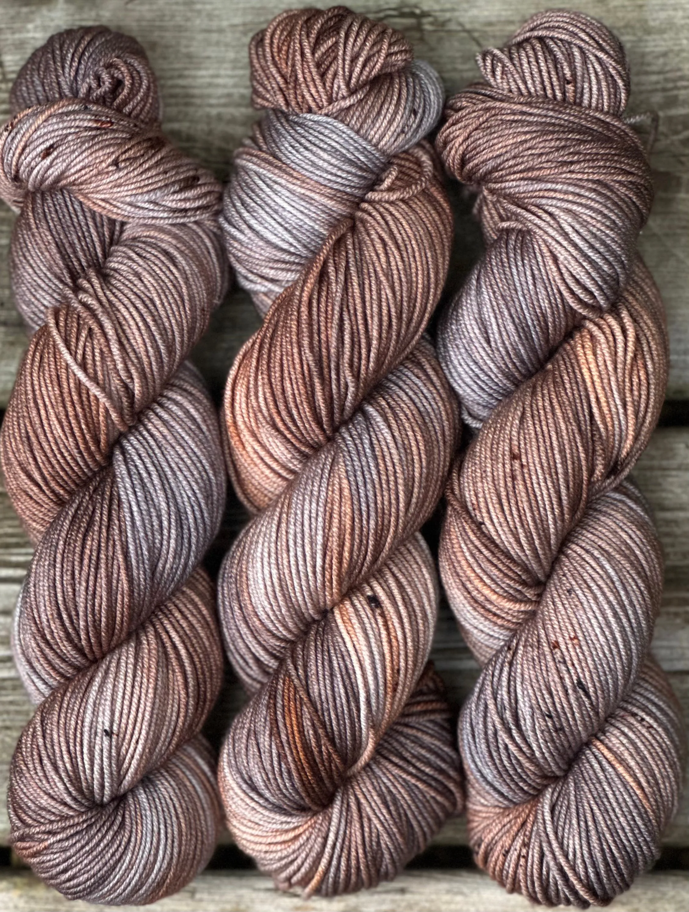 Hand Dyed Yarn "Whippoorwill" Grey Brown Copper Silver Tan Caramel Beige Black Speckled Merino Worsted Superwash 218yds 100g