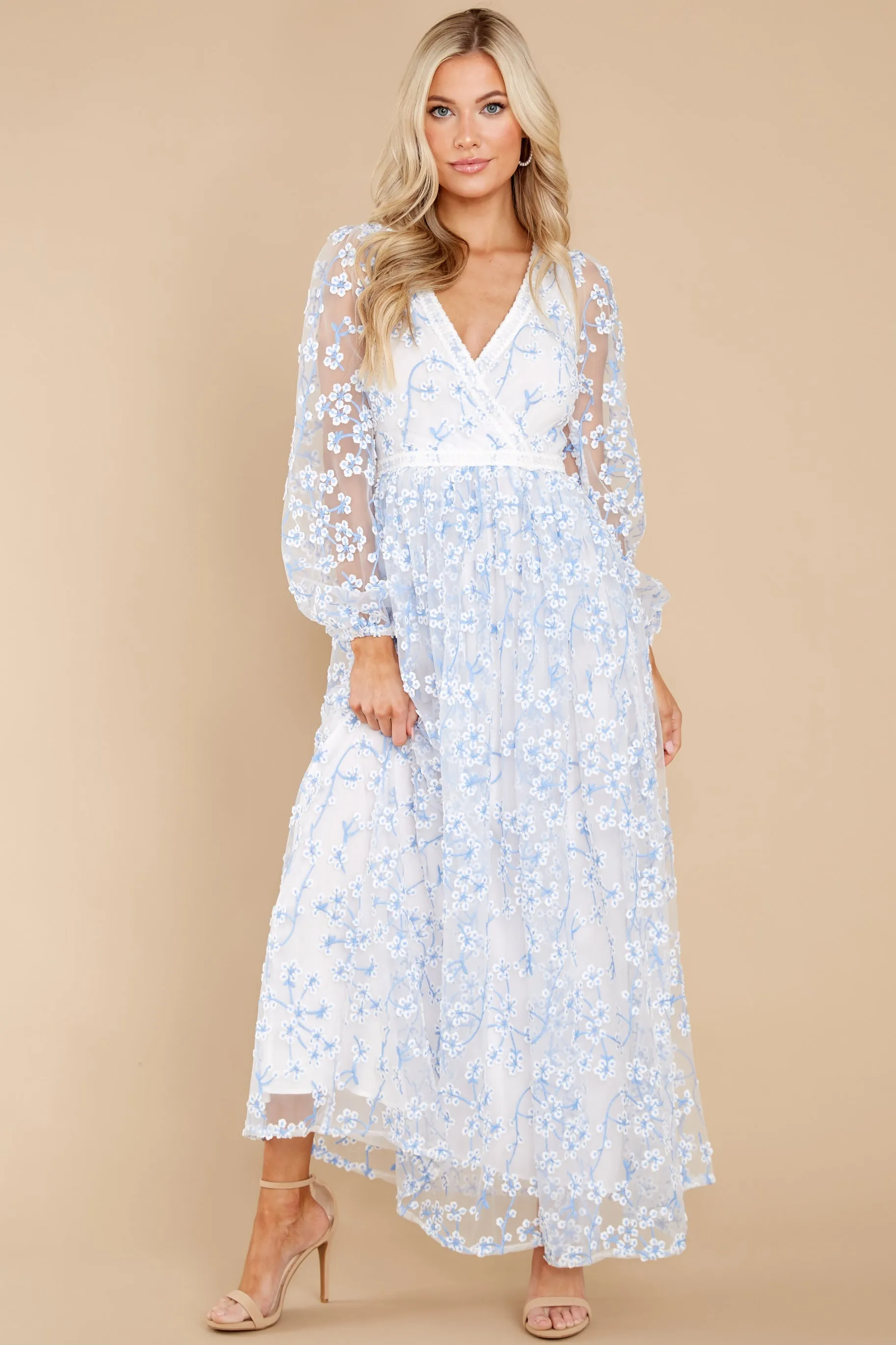 Heavenly Sights Blue And White Floral Embroidered Maxi Dress