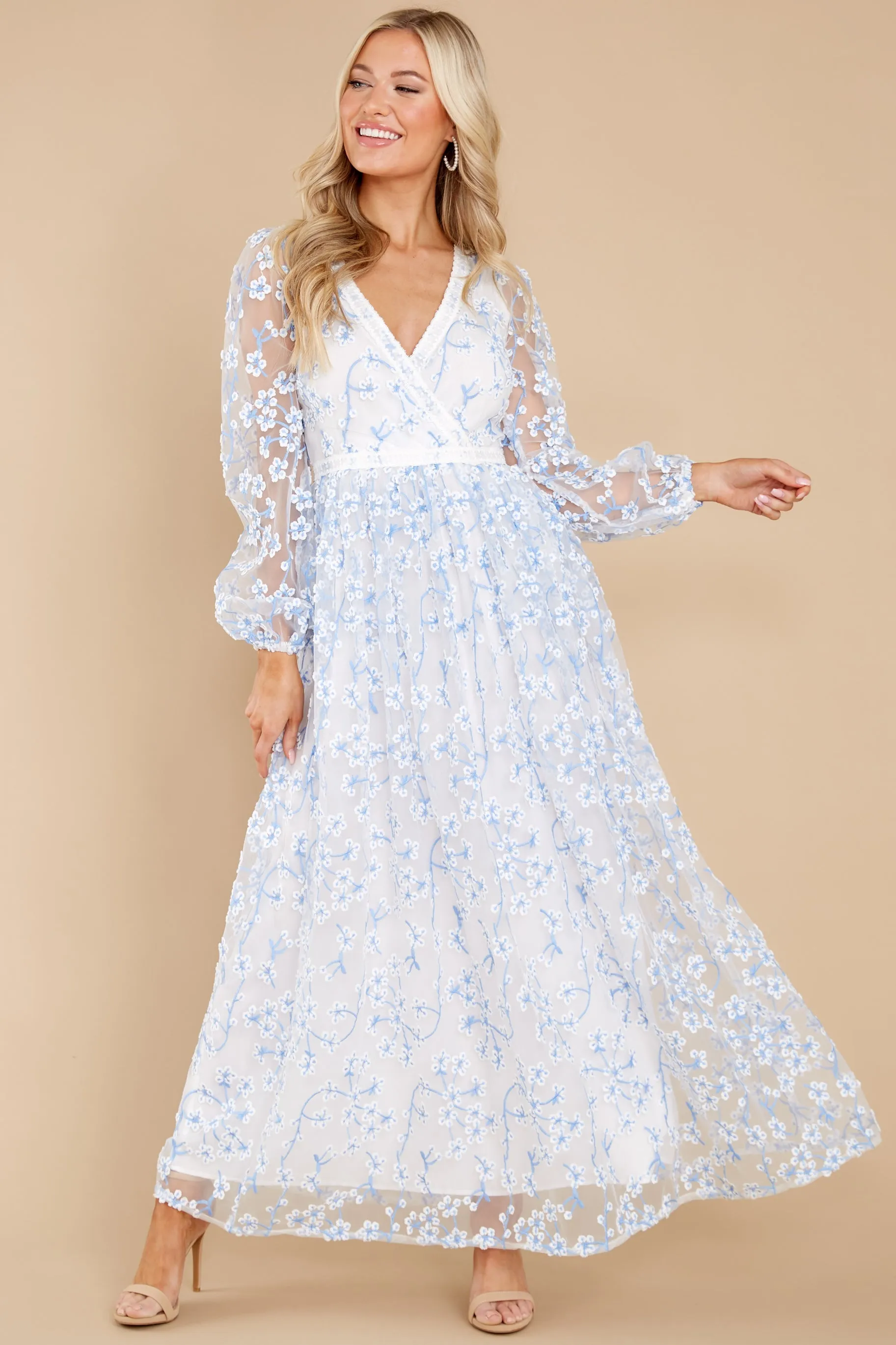 Heavenly Sights Blue And White Floral Embroidered Maxi Dress