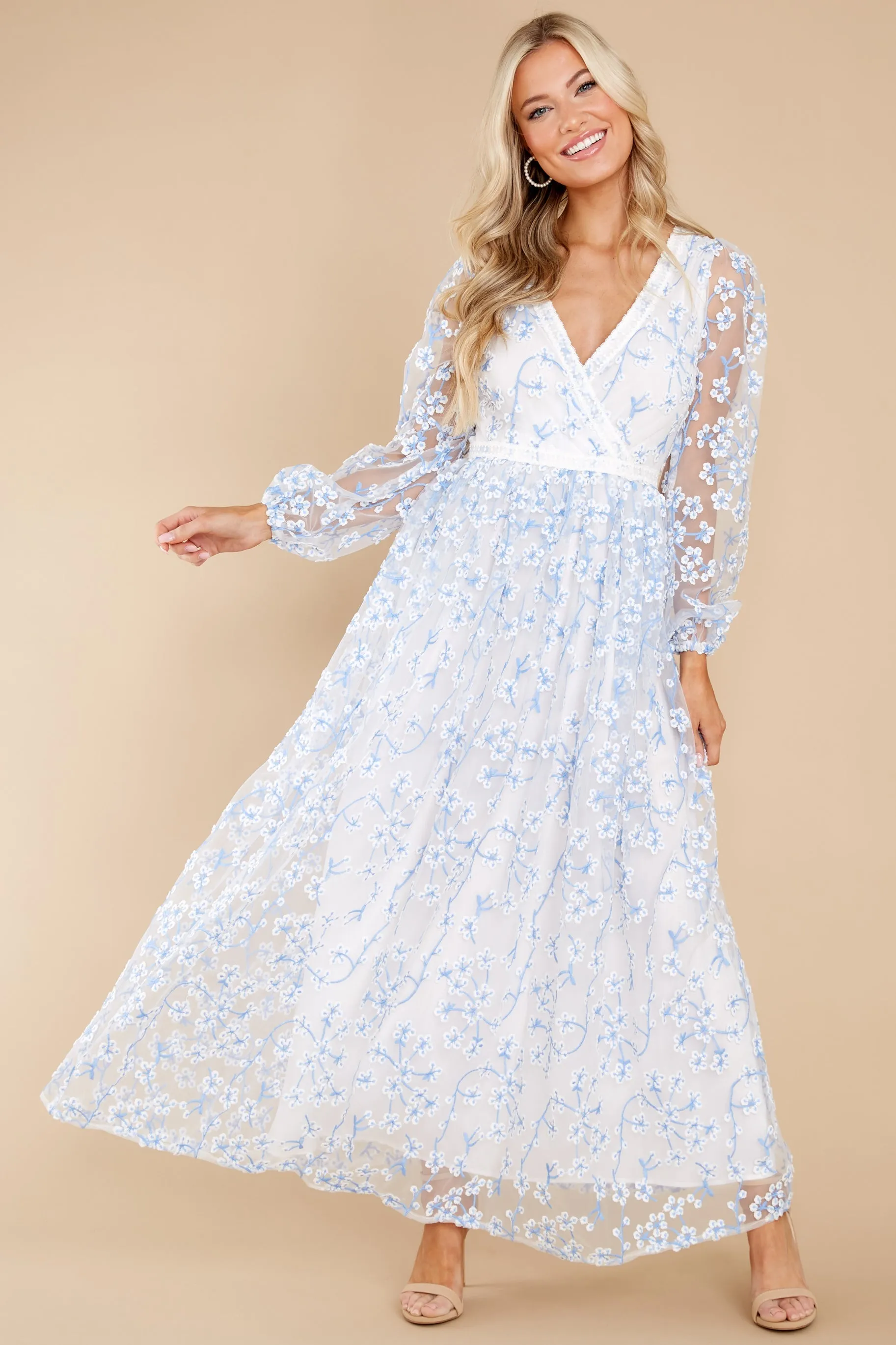 Heavenly Sights Blue And White Floral Embroidered Maxi Dress