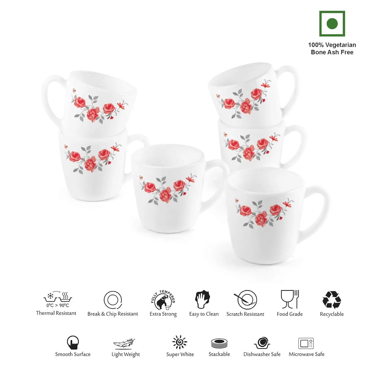 Imperial Red Rose Fantasy Ricca Mugs, 6 Pieces