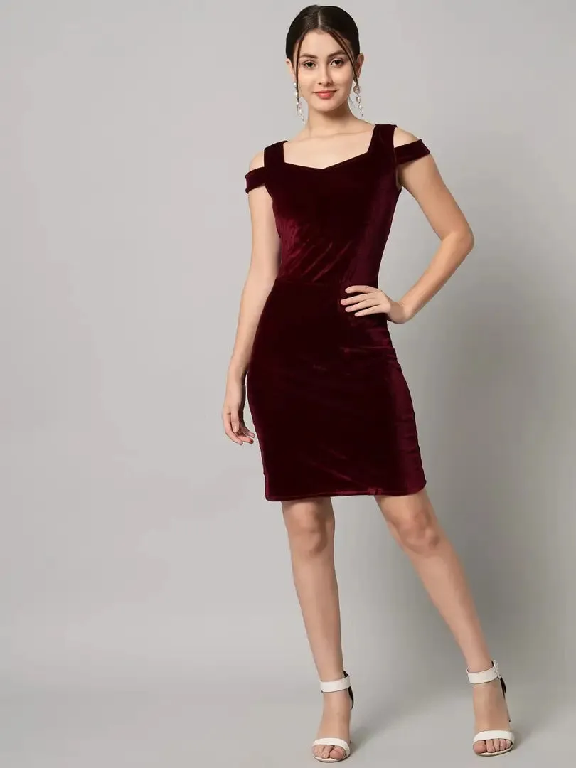 INFITROB Women Solid Stretchable Bodycon Velvet Dress