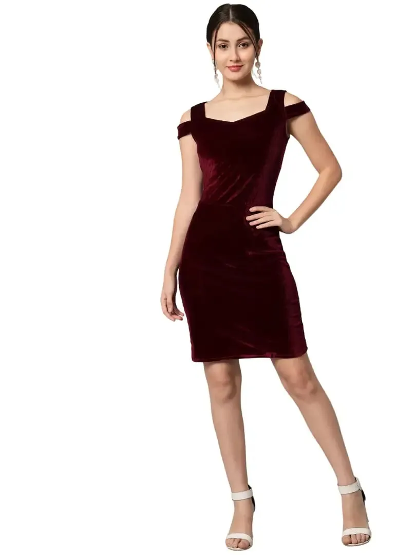 INFITROB Women Solid Stretchable Bodycon Velvet Dress