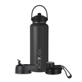 IRON FLASK 40oz Wide Mouth Sports Water Bottle - 3 Lids, Leak Proof, Double Walled Vacuum Insulated - Midnight Black