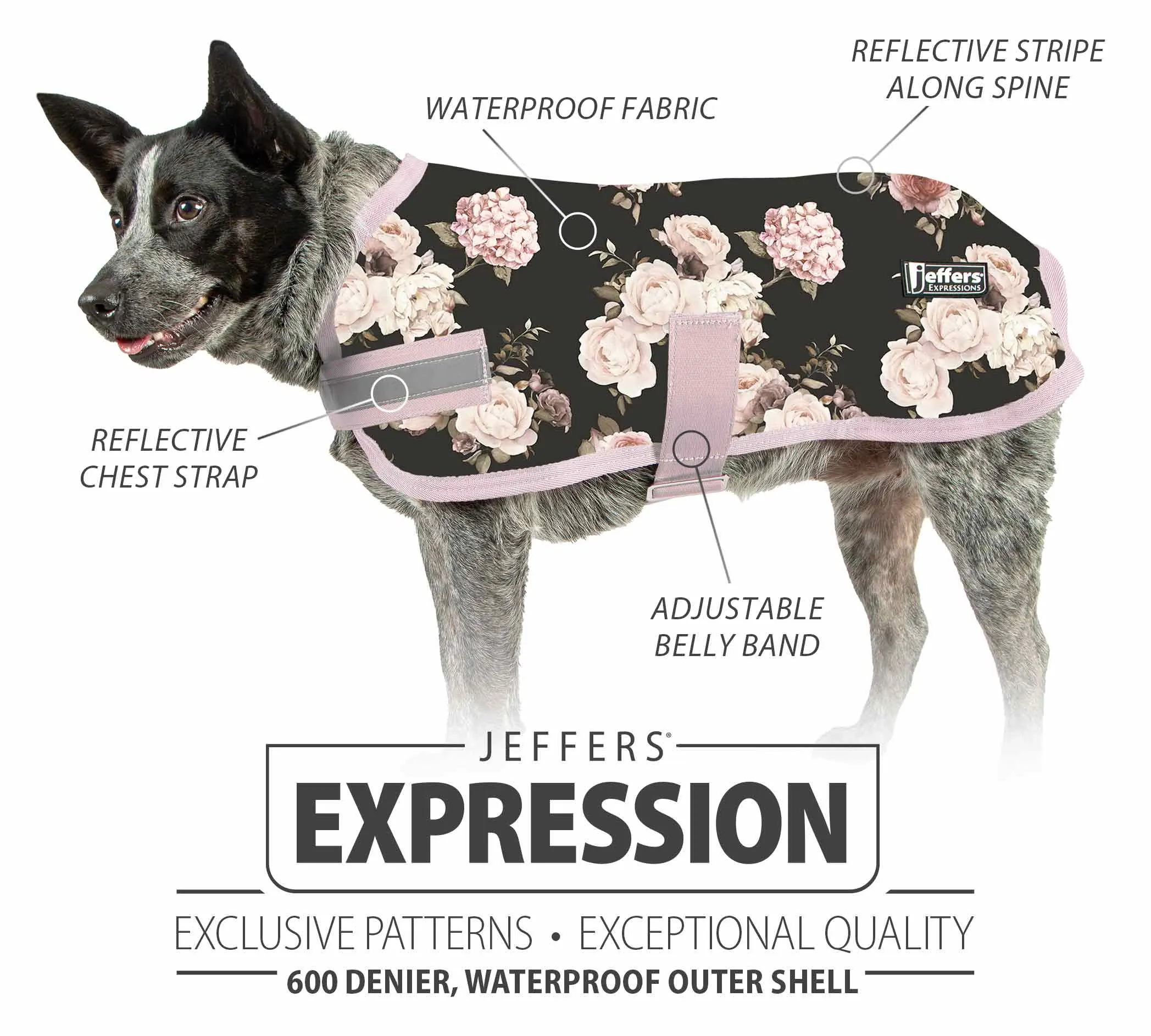 Jeffers Expression Waterproof Ripstop Dog Coat, Rose Garden