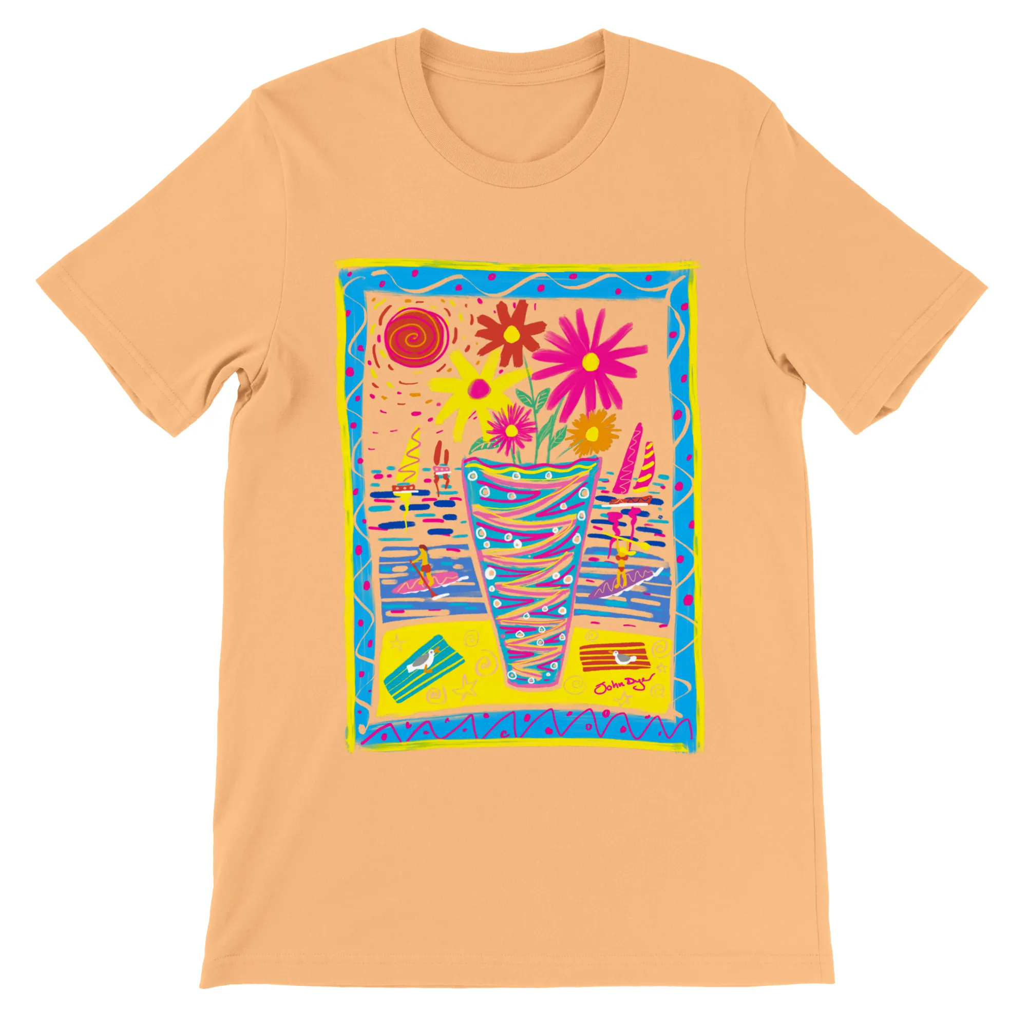 John Dyer Unisex Art T-Shirt. Summer Paddle Boarding Cornwall with Sailing Boats and Flowers