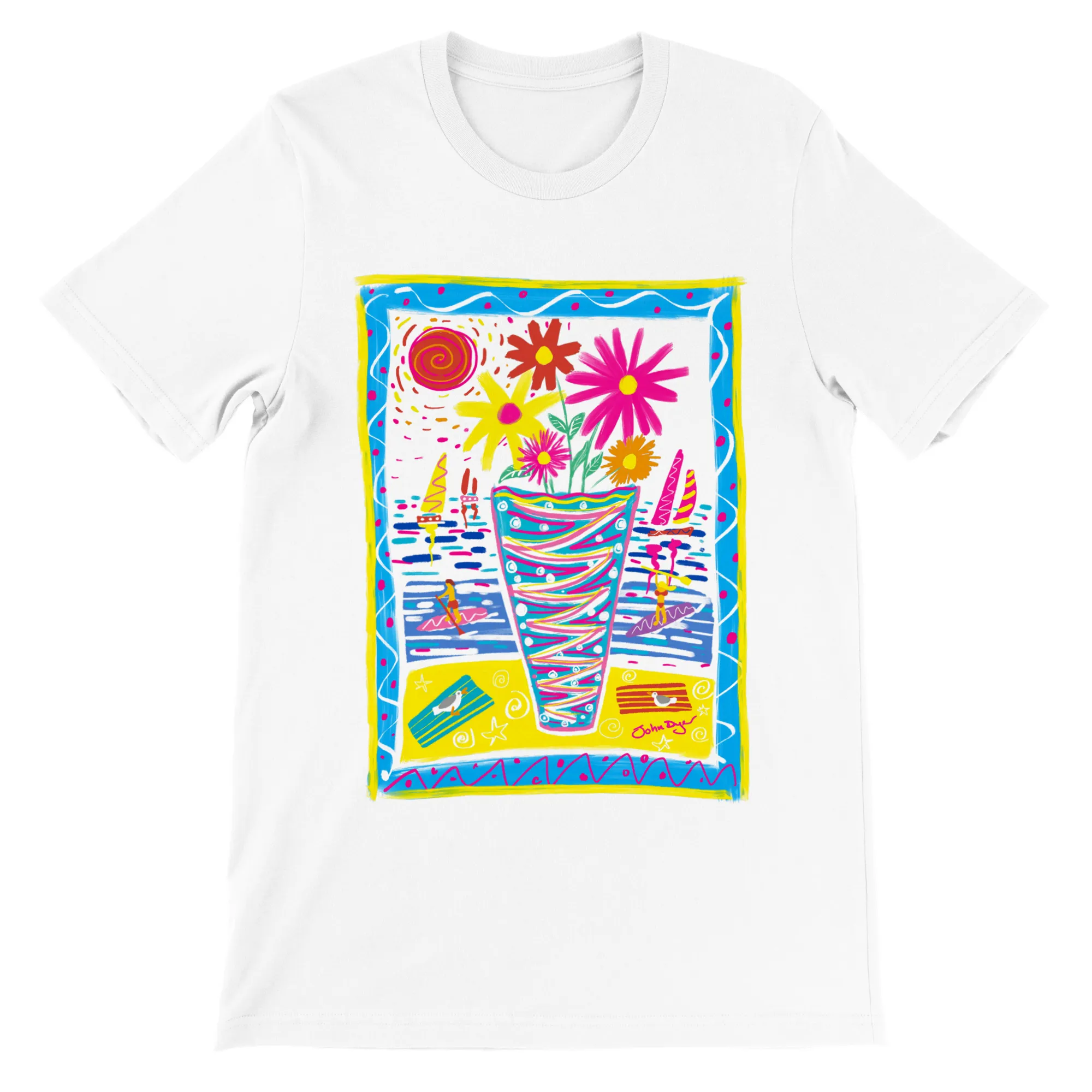 John Dyer Unisex Art T-Shirt. Summer Paddle Boarding Cornwall with Sailing Boats and Flowers