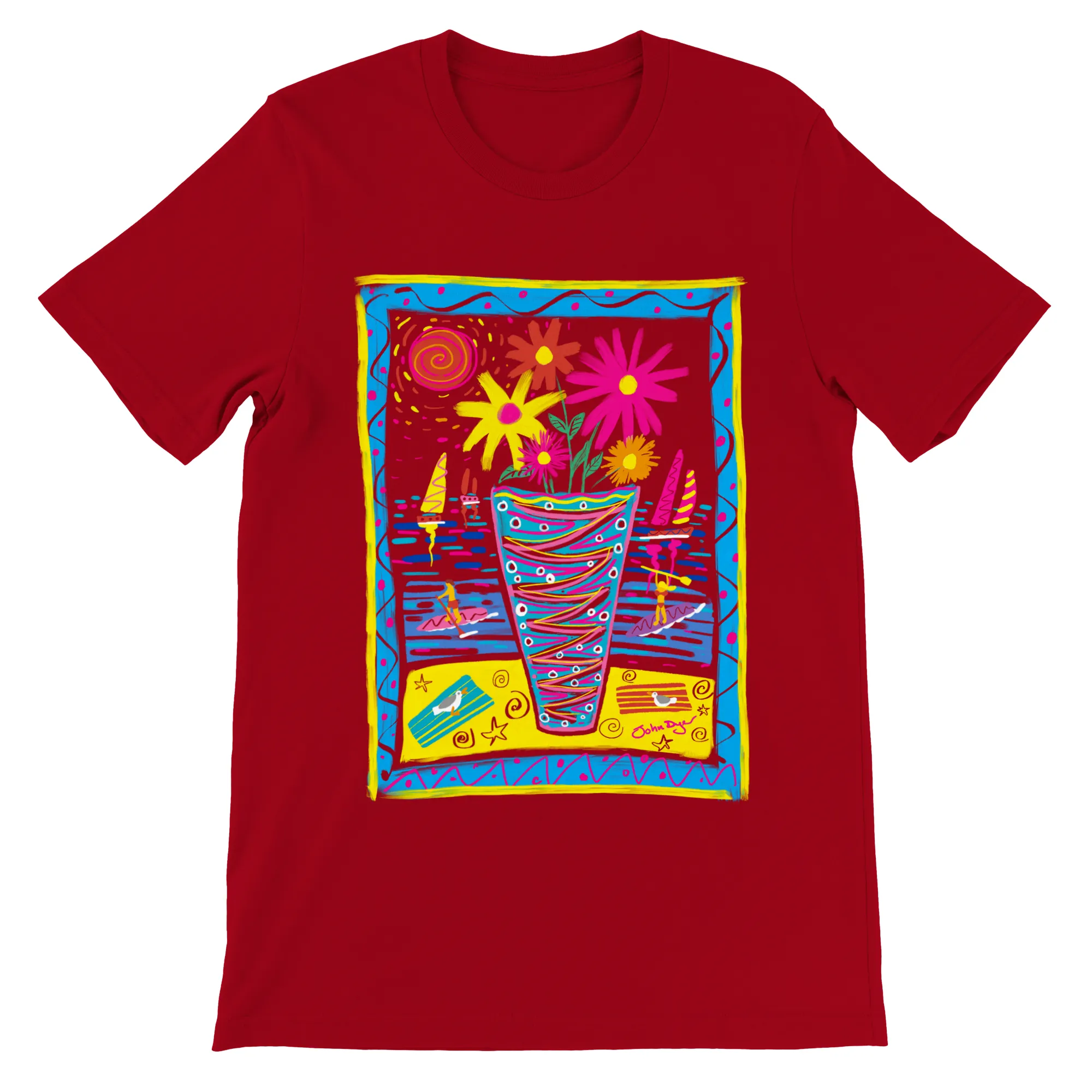 John Dyer Unisex Art T-Shirt. Summer Paddle Boarding Cornwall with Sailing Boats and Flowers