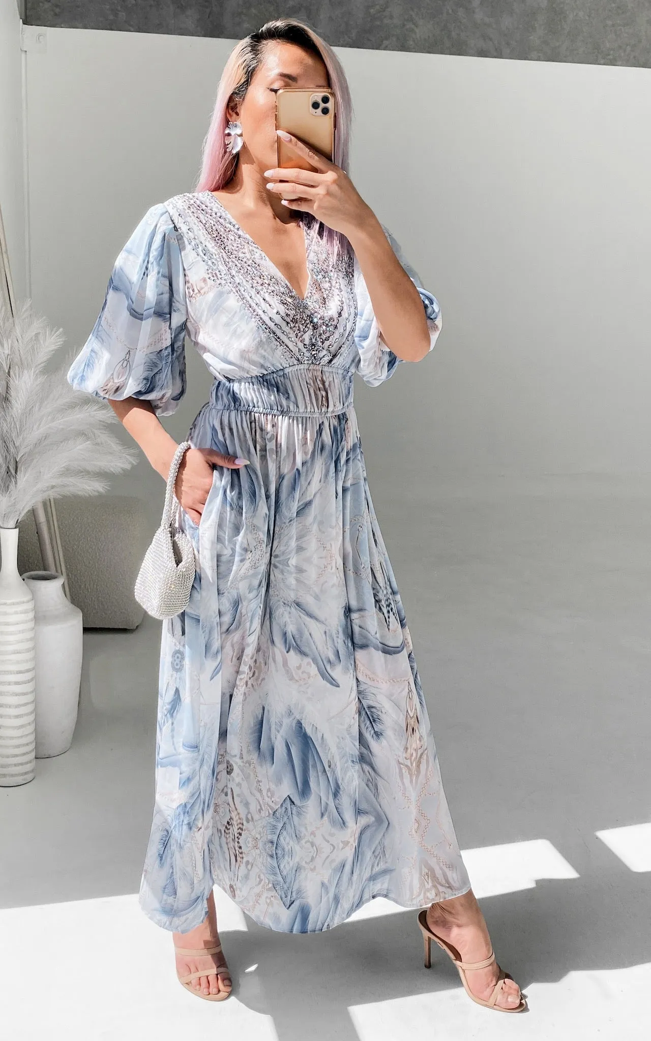 Jordina Gem Embellished Maxi Dress - Blue White Print