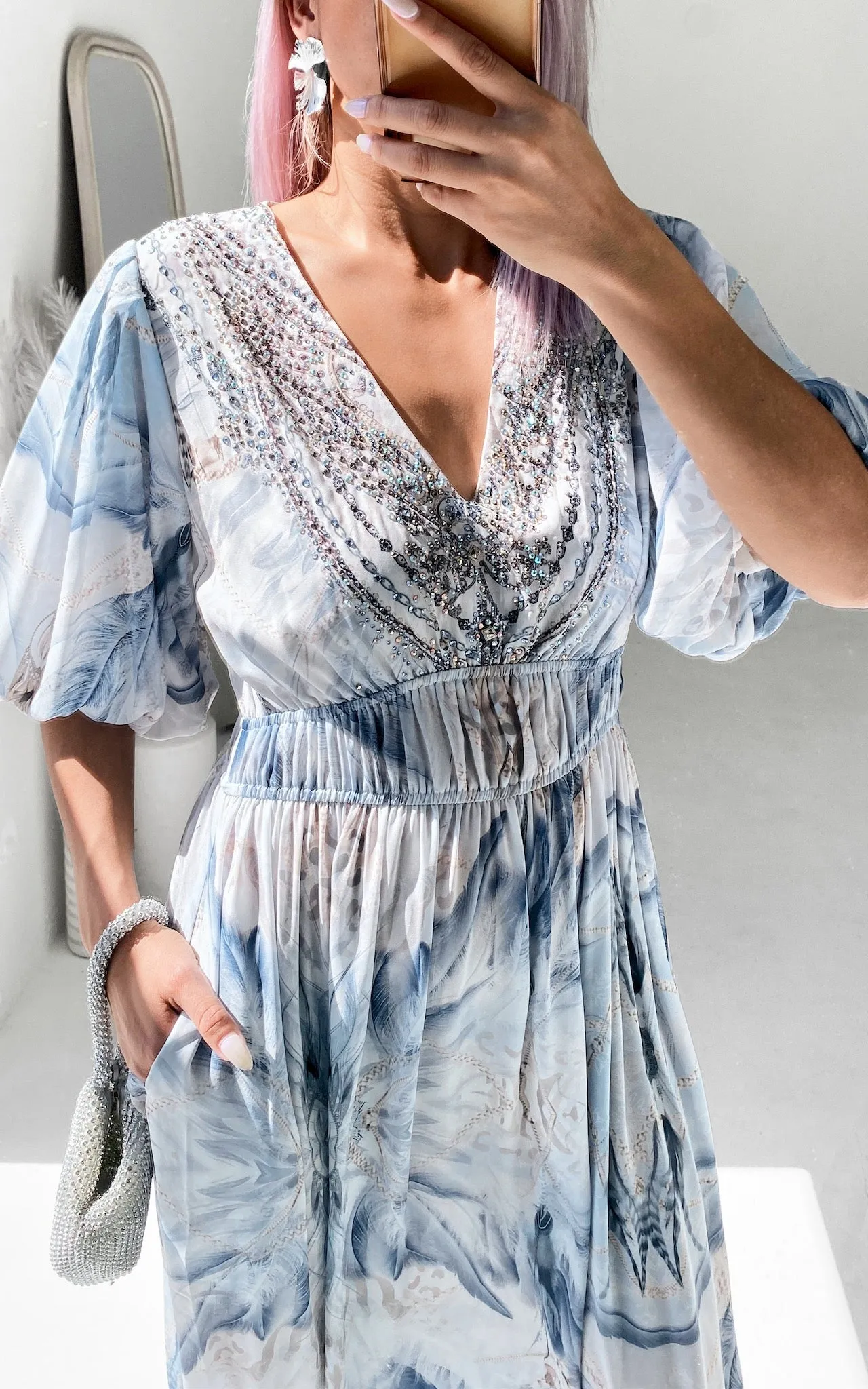 Jordina Gem Embellished Maxi Dress - Blue White Print